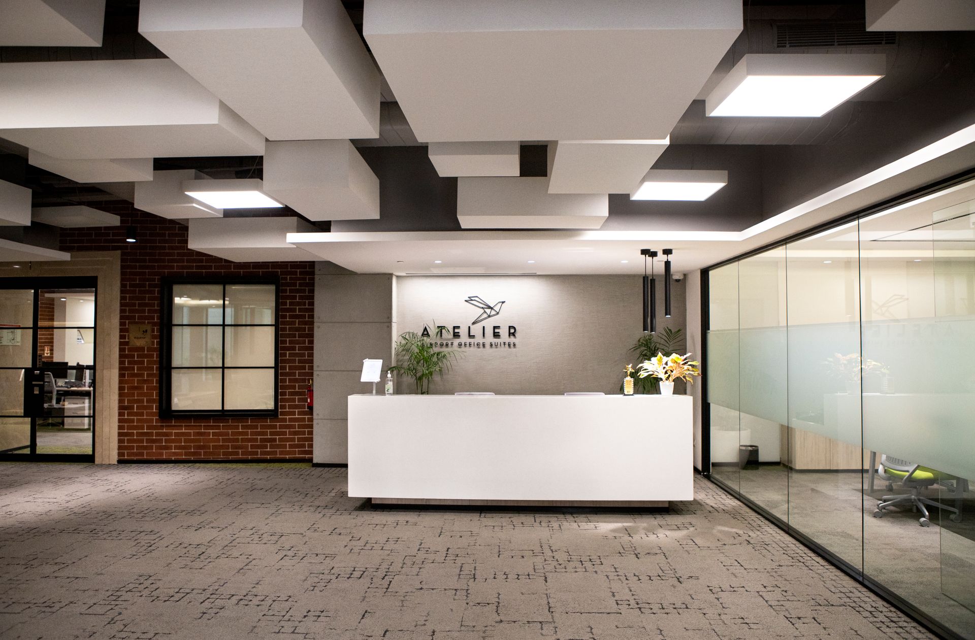 Modern reception area with a wall sign