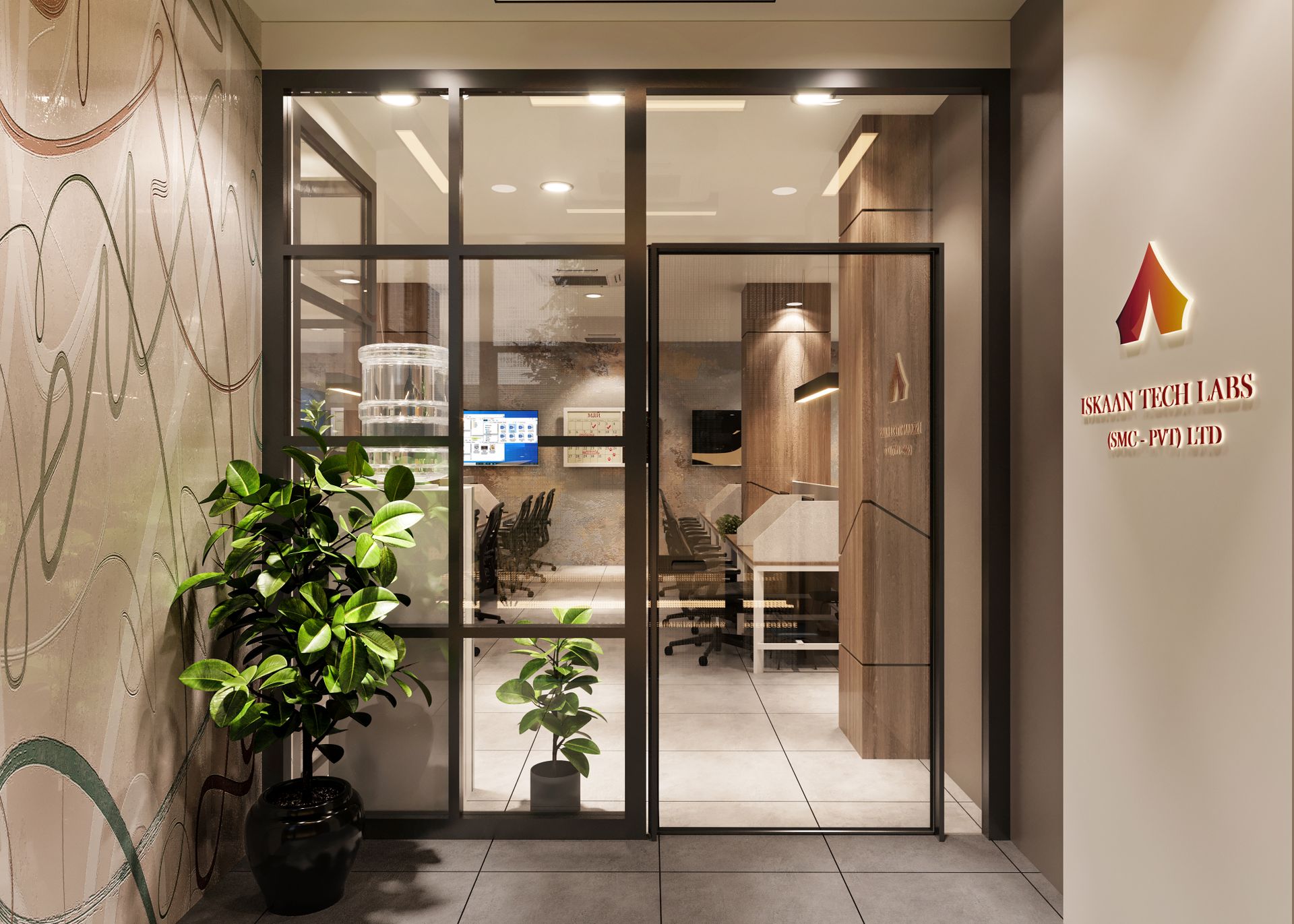 Office entrance with company signage